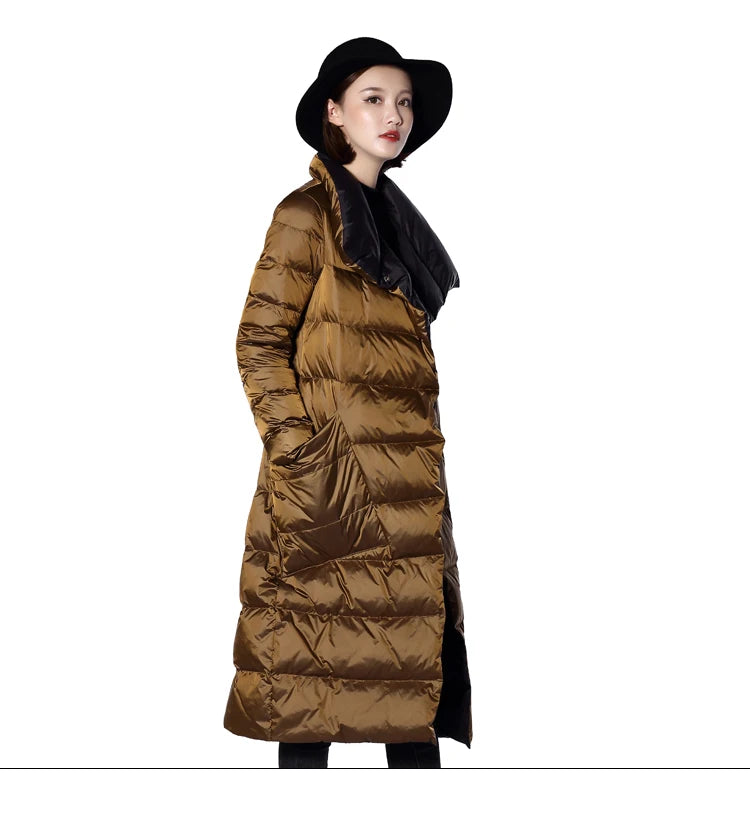 DRESS WELL STORE Fitaylor  Women Double Sided Down Long Jacket Winter Turtleneck White Duck Down Coat Double Breasted Warm Parkas Snow Outwear