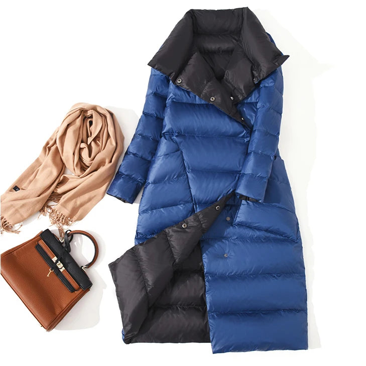 DRESS WELL STORE Fitaylor  Women Double Sided Down Long Jacket Winter Turtleneck White Duck Down Coat Double Breasted Warm Parkas Snow Outwear