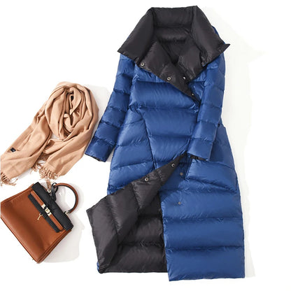 DRESS WELL STORE Fitaylor  Women Double Sided Down Long Jacket Winter Turtleneck White Duck Down Coat Double Breasted Warm Parkas Snow Outwear