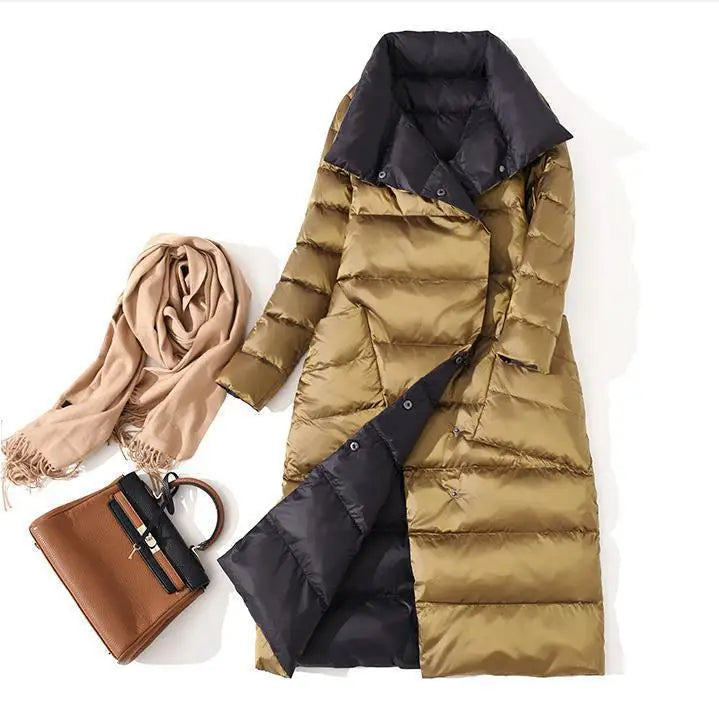 DRESS WELL STORE Fitaylor  Women Double Sided Down Long Jacket Winter Turtleneck White Duck Down Coat Double Breasted Warm Parkas Snow Outwear