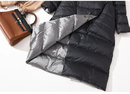 DRESS WELL STORE Fitaylor  Women Double Sided Down Long Jacket Winter Turtleneck White Duck Down Coat Double Breasted Warm Parkas Snow Outwear
