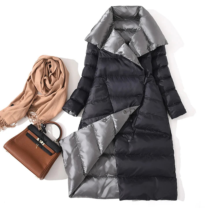 DRESS WELL STORE Fitaylor  Women Double Sided Down Long Jacket Winter Turtleneck White Duck Down Coat Double Breasted Warm Parkas Snow Outwear