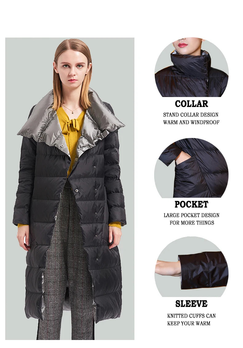 DRESS WELL STORE Fitaylor  Women Double Sided Down Long Jacket Winter Turtleneck White Duck Down Coat Double Breasted Warm Parkas Snow Outwear