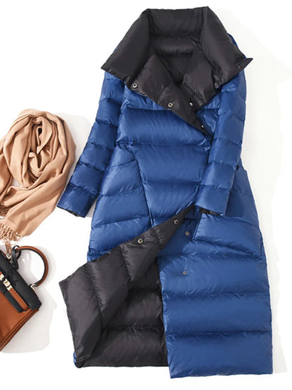 DRESS WELL STORE Fitaylor  Women Double Sided Down Long Jacket Winter Turtleneck White Duck Down Coat Double Breasted Warm Parkas Snow Outwear