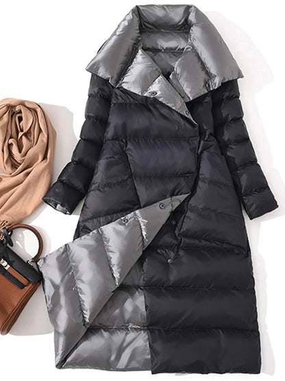 DRESS WELL STORE Fitaylor  Women Double Sided Down Long Jacket Winter Turtleneck White Duck Down Coat Double Breasted Warm Parkas Snow Outwear